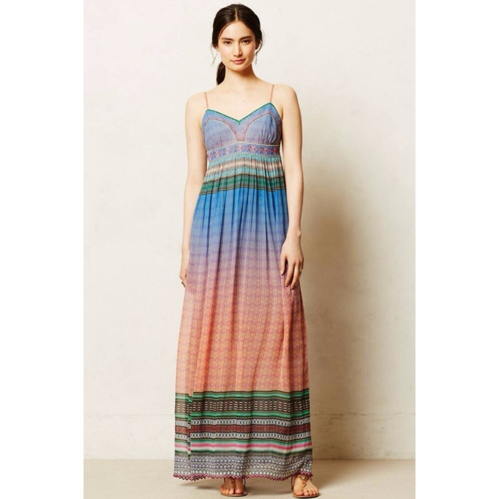 Anthropologie Tanvi Kedia Maxi Dress Size 00 Boho Sunset Embroidered Beaded Flaw
